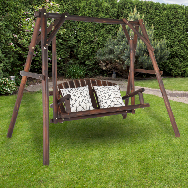6.5ft Hardwood Patio Garden Outdoor Porch Swing with Stand, Rustic Loveseat Swing Chair for 2 Person, Carbonized