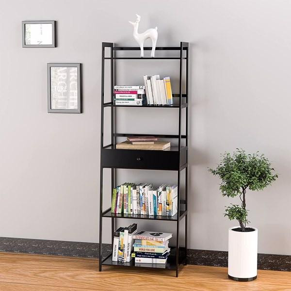 WTZ Bookshelf, Ladder Shelf with Drawers, 5 Tier Tall Bookcase, Modern Open Book Case for Bedroom, Living Room, Office, BC-239 Black