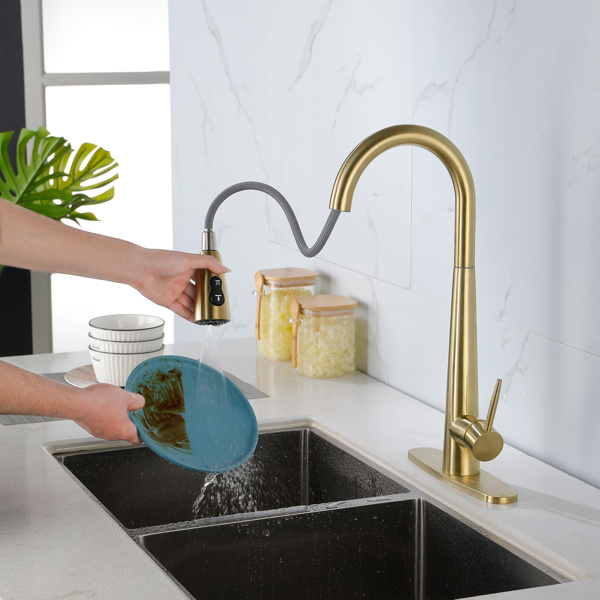 Gold Kitchen Faucets with Pull Down Sprayer, Kitchen Sink Faucet with Pull Out Sprayer,Fingerprint Resistant, Single Hole Deck Mount, Single Handle Copper Kitchen Faucet,