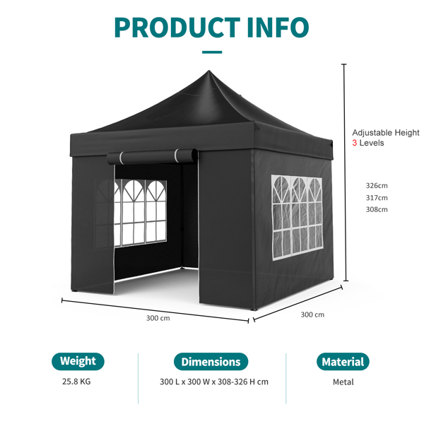 10 x10 Pop Up Canopy Tent with Sidewalls, Heavy Duty Commercial Canopy Waterproof Adjustable Height with Wheeled Carry Bag, 4 Sandbags, 4 Stakes and 4 Ropes for Outdoor Camping, Black