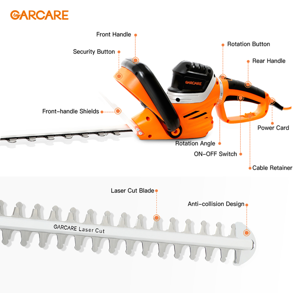 Electric Hedge Trimmer Corded 24Inch Laser Cut Blade Rotary Handle 