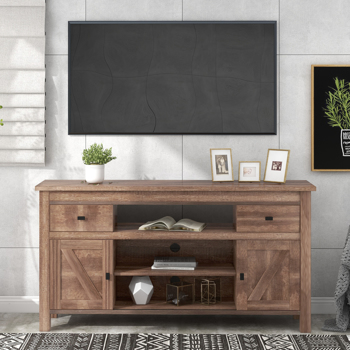 LEAVAN Modern, Stylish Functional Furnishing Particleboard TV Stand with Two Drawers and Open Style Shelves Sliding Doors and Adjustable Shelf, Barnwood