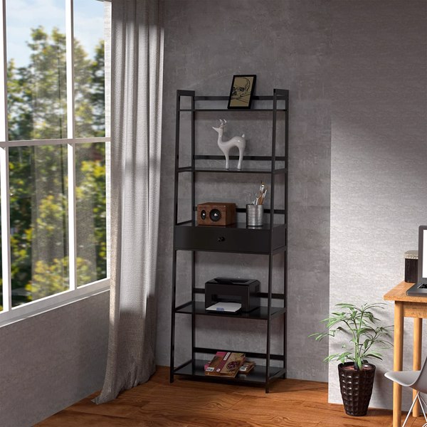 WTZ Bookshelf, Ladder Shelf with Drawers, 5 Tier Tall Bookcase, Modern Open Book Case for Bedroom, Living Room, Office, BC-239 Black