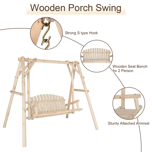 6.5ft Hardwood Patio Garden Outdoor Porch Swing with Stand, Rustic Loveseat Swing Chair for 2 Person, Natural