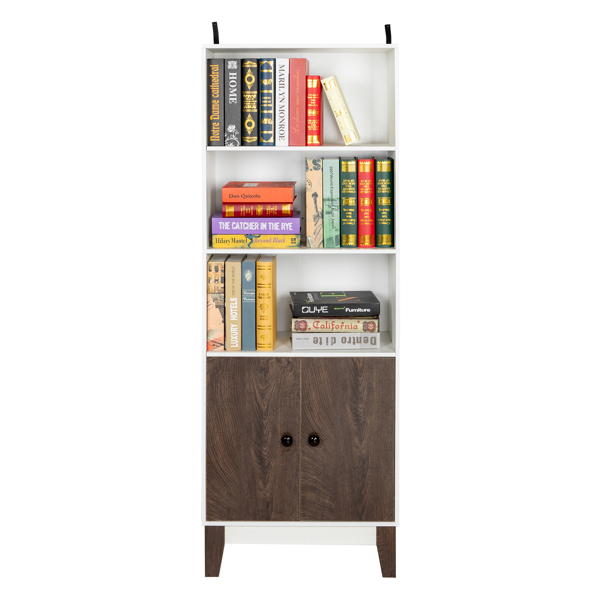 4 Tier Bookcase Storage Cabinet,Wooden Bookshelf with 2 Doors and 3 Shelves, Free Standing Floor Side Display Cabinet Decor Furniture for Home Office