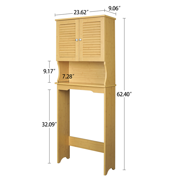 Natural Bamboo Toilet Storage Rack with Shutter Door, 3 Shelf Over-The-Toilet Bathroom Spacesaver