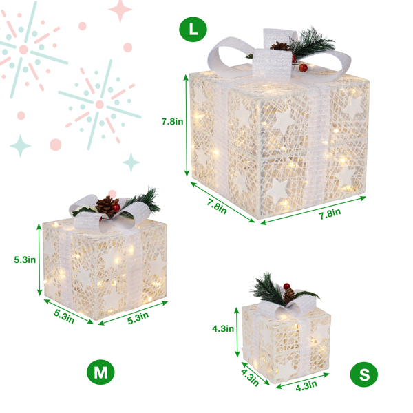 3pcs Square ABS Plastic Rack Garden Festive Decoration LED60 Light Warm White Light Cotton Thread Powder Gift Box