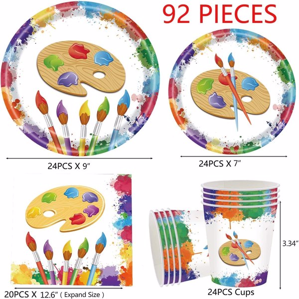 Art Painting Paper Plates Serves 20 Guests Baby Showers Birthday Party Supplies Set Disposable Party Tableware for Kids Dinner Plates, Napkins, Cup 92PCS(