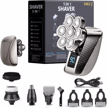 MAX-T Electric Hair&Beard Shaver,Waterproof Rechargeable Grooming Kit, Bald Head Electric Razor for Head&Face with USB Charge,5-in-1 Electric Shaver with Multipurpose Blades