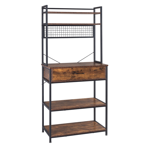 5-Tier Kitchen Bakers Rack with 10 S-Shaped Hooks and 1 drawer , Industrial Microwave Oven Stand, Free Standing Kitchen Utility Cart Storage Shelf Organizer (Rustic Brown)