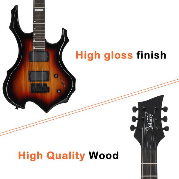 [Do Not Sell on Amazon] Glarry Flame Shaped H-H Pickup Electric Guitar Kit with 20W Electric Guitar AMP Bag Strap Picks Shake Cable Wrench Tool Sunset Color
