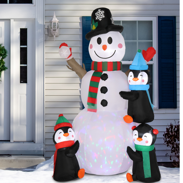 6ft With 3 Penguins, 4 Light Strings, 1 Colorful Rotating Light, Inflatable Garden Snowman Decoration