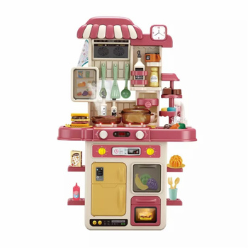 Kitchen Play Set, 48 Pieces Boys & Girls Toy Kitchen Set, Kitchen Toys with Realistic Lights and Sounds, Simulate Sprinkler and Play Sink, Pink