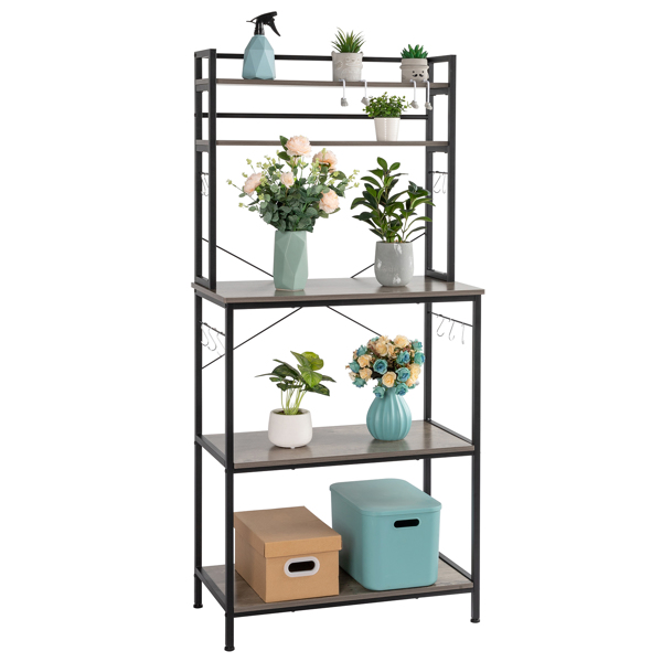 5-Tier Kitchen Bakers Rack with 10 S-Shaped Hooks, Industrial Microwave Oven Stand, Free Standing Kitchen Utility Cart Storage Shelf Organizer (Rustic Gray)