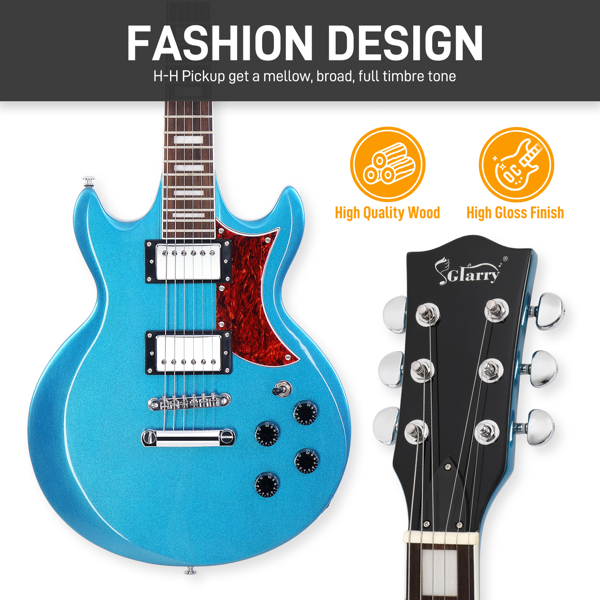 [Do Not Sell on Amazon] Glarry Full Size GIZ102 HH Pickups LaurelWood Fretboard Poplar Solid Body Electric Guitars with Guitar Bag Cable Blue Color