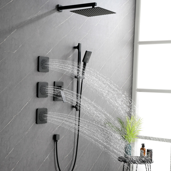 Shower System with Shower Head, Hand Shower, Slide Bar, Bodysprays, Shower Arm, Hose, Valve Trim, and Lever Handles 