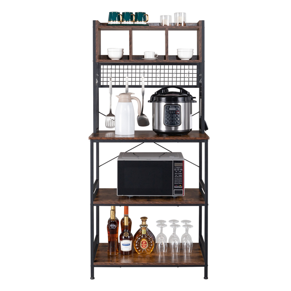 5-Tier Kitchen Bakers Rack with 10 S-Shaped Hooks and 3 Cubes , Industrial Microwave Oven Stand, Free Standing Kitchen Utility Cart Storage Shelf Organizer (Rustic Brown)