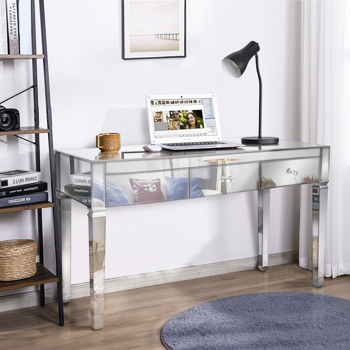  MDF Mirror Surface Full Glass Three-Pump Computer Desk Silver