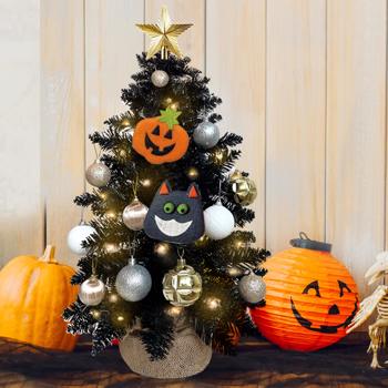 2FT Halloween Decoration Tabletop Christmas Tree with Lights and Ornaments, Multifunctional Artificial Black Mini Halloween Tree with Halloween Decor for Home Office Apartment 
