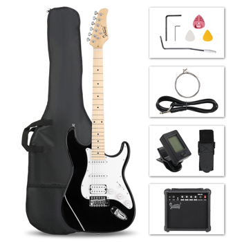 [Do Not Sell on Amazon] Glarry GST Stylish S-S-H Pickup Electric Guitar Kit with 20W AMP Bag Guitar Strap Black