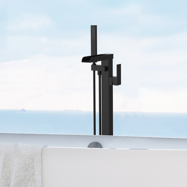 Thermostatic Freestanding Bathtub Faucet Waterfall Tub Filler Black Floor Mount Brass Bathroom Faucets with Hand Shower[Unable to ship on weekends, please place orders with caution]