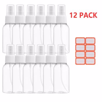 12 Pack Fine Mist Spray Bottle , 2 Ounce Clear Empty Mini Travel Plastic Water Spray Bottles 50ml Small Size Refillable Liquid Containers For Essential Oils,Cleaning Products With 24pcs Labels