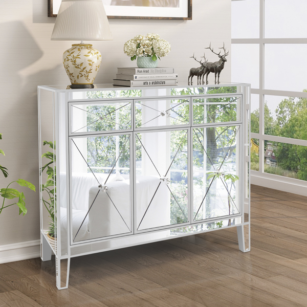 FCH Silver MDF With Mirror Surface, Half Glass, Three Drawers, Three Doors, Drawer Cabinet