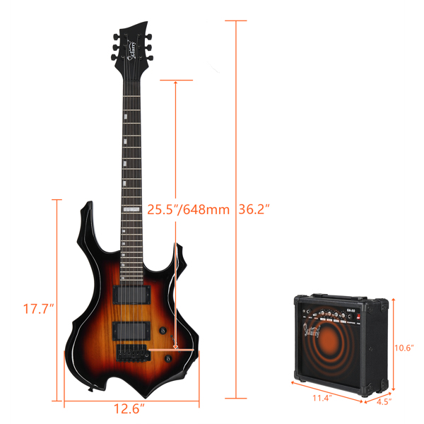 [Do Not Sell on Amazon] Glarry Flame Shaped H-H Pickup Electric Guitar Kit with 20W Electric Guitar AMP Bag Strap Picks Shake Cable Wrench Tool Sunset Color
