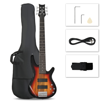 [Do Not Sell on Amazon] Glarry Full Size GIB 6 String H-H Pickup Electric Bass Guitar Bag Strap Pick Connector Wrench Tool Sunset Color