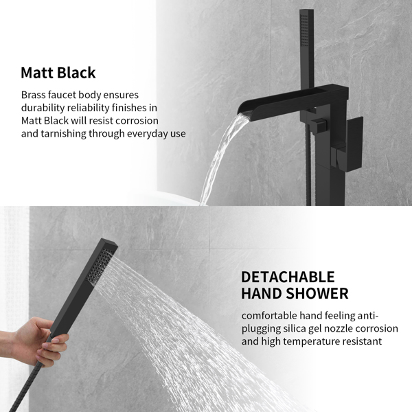 Thermostatic Freestanding Bathtub Faucet Waterfall Tub Filler Black Floor Mount Brass Bathroom Faucets with Hand Shower[Unable to ship on weekends, please place orders with caution]
