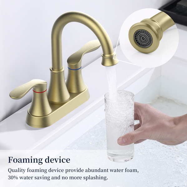 Bathroom Faucet Brushed Gold with Pop-up Drain & Supply Hoses 2-Handle 360 Degree High Arc Swivel Spout Centerset 4 Inch Vanity Sink Faucet [Unable to ship on weekends, please place orders with cautio