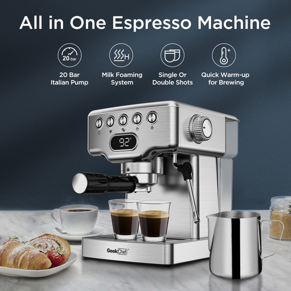 【周末无法发货，谨慎下单】【TEMU禁售】Geek Chef Espresso Machine,20 bar espresso machine with milk frother for latte,cappuccino,Machiato,for home espresso maker,1.8L Water Tank,Stainless Steel Complimentary ESE Filter