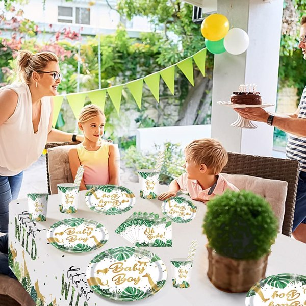 120PCS Safari Jungle Animals Paper Plates Serves 24 Guests Golden Jungle Theme Party Supplies Birthday Gold Foil Tableware Set Includes Dinner Plates, Napkins, Cups, Straw 