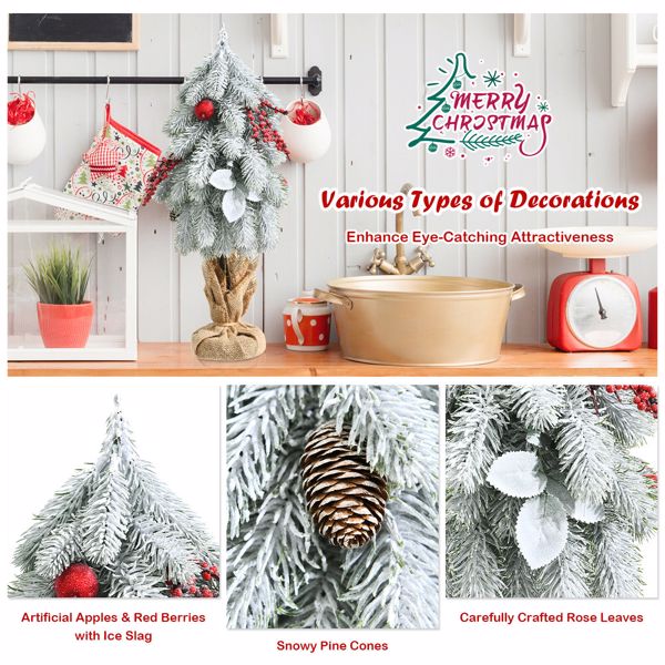 19" Snow Flocked Tabletop Christmas Pine Tree w/Pine Cones & Red Berrie