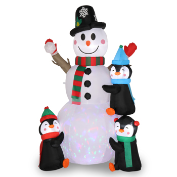 6ft With 3 Penguins, 4 Light Strings, 1 Colorful Rotating Light, Inflatable, Garden Snowman Decoration