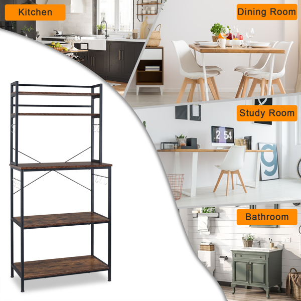 5-Tier Kitchen Bakers Rack with 10 S-Shaped Hooks, Industrial Microwave Oven Stand, Free Standing Kitchen Utility Cart Storage Shelf Organizer (Rustic Brown)