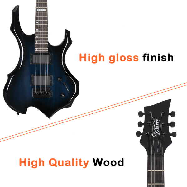 [Do Not Sell on Amazon] Glarry Flame Shaped H-H Pickup Electric Guitar Kit with 20W Electric Guitar AMP Bag Strap Picks Shake Cable Wrench Tool Blue