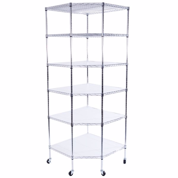 6-Layer Chrome Plated Polygonal Corner Shelf with 2" PP Wheels 680*680*1800 Silver
