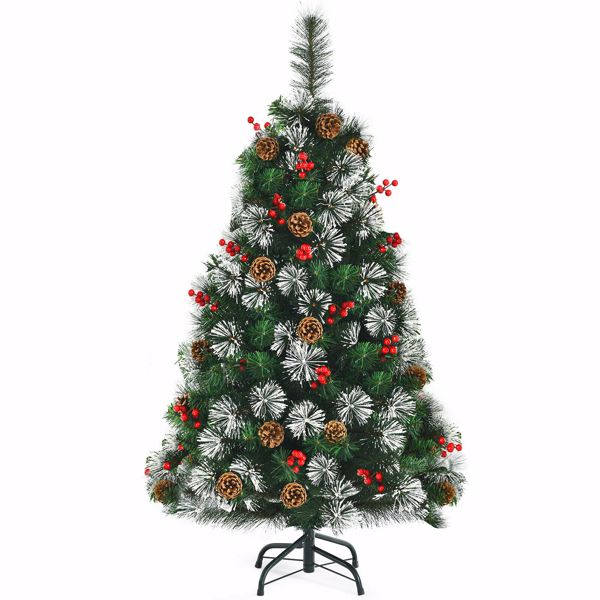 4ft Snowy Artificial Christmas Tree Pre-Decorated w/ Pine Cones and Red Berries  