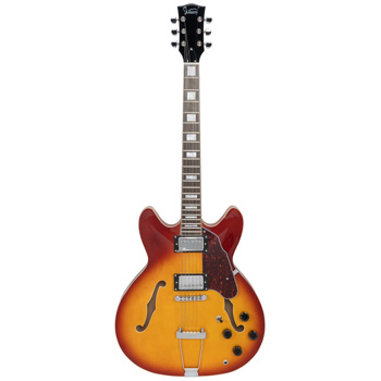 [Do Not Sell on Amazon] Glarry GIZ101 Electric Guitars Semi-Hollow Body Trapeze Tailpiece Bridge, HH Pickups, Laurel Wood Fingerboard Sunset Color