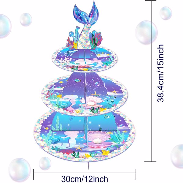 Mermaid Cake Stand Dessert Table Display Set Serving Tray 3-Tier Cardboard Cupcake Stand Holder Tower Round Desserts Pastry Birthday Party Supplies for 12-18 Cupcakes