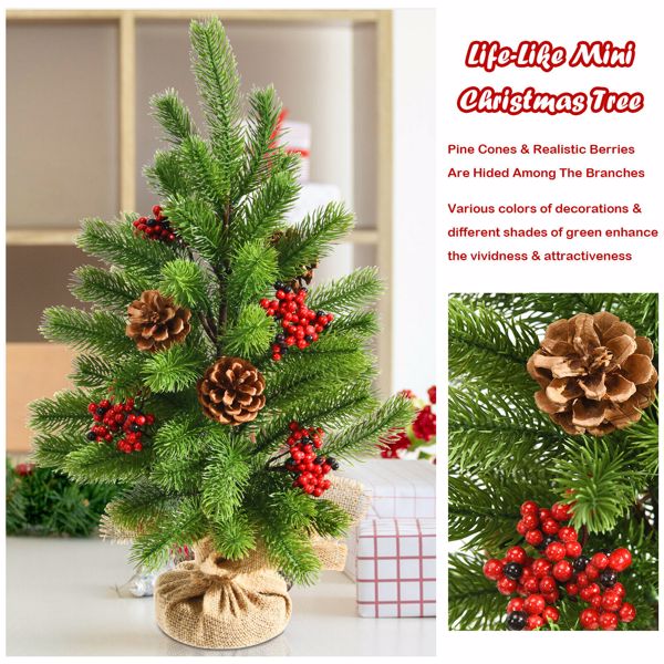 20" Tabletop PE Christmas Tree Holiday Decor w/ Pine Cones & Red Berries 