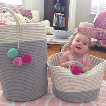 2 X Large Baskets for Blanket Cotton Rope Woven Storage Baskets with Strong Handles Nursery Laundry Basket Kids Toy Hamper