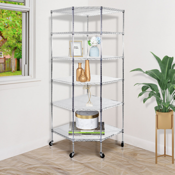 6-Layer Chrome Plated Polygonal Corner Shelf with 2\\" PP Wheels 680*680*1800 Silver