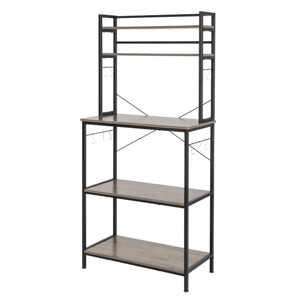 5-Tier Kitchen Bakers Rack with 10 S-Shaped Hooks, Industrial Microwave Oven Stand, Free Standing Kitchen Utility Cart Storage Shelf Organizer (Rustic Gray)