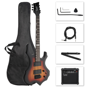 [Do Not Sell on Amazon]  Flame Shaped H-H Pickup Electric Guitar Kit with 20W Electric Guitar AMP Bag Strap Picks Shake Cable Wrench Tool Sunset Color