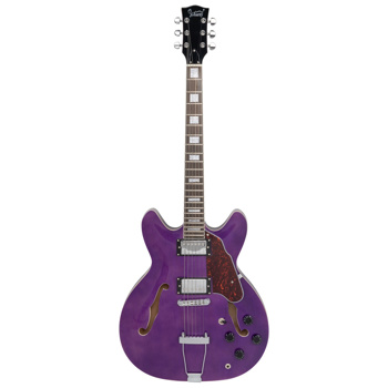 [Do Not Sell on Amazon] Glarry GIZ101 Electric Guitars Semi-Hollow Body Trapeze Tailpiece Bridge, HH Pickups, Laurel Wood Fingerboard Transparent Purple