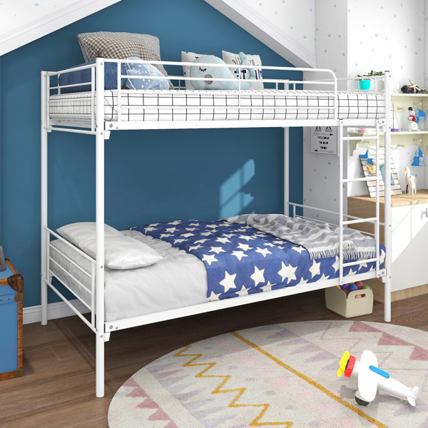 Twin-Over-Full Bunk Bed with Metal Frame and Ladder, Space-Saving Design, White