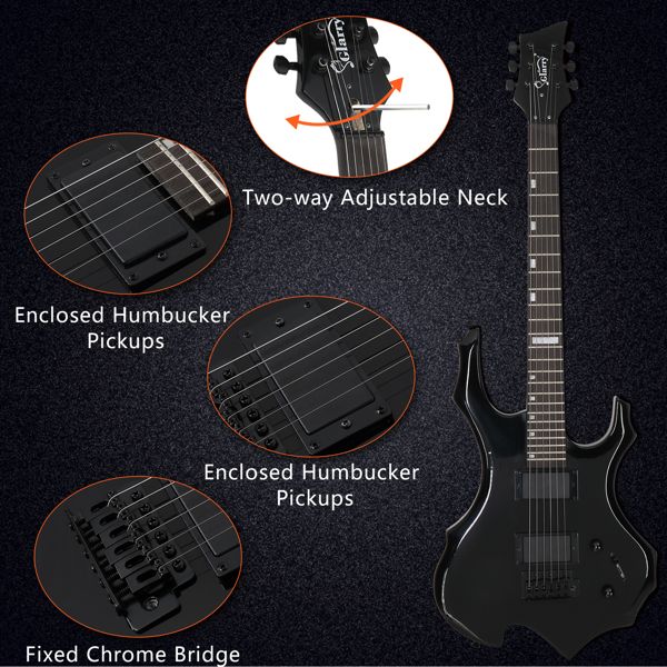 [Do Not Sell on Amazon] Glarry Flame Shaped H-H Pickup Electric Guitar Kit with 20W Electric Guitar AMP Bag Strap Picks Shake Cable Wrench Tool Black