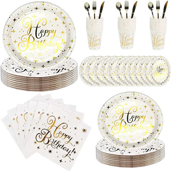 112PCS Bronzing Gold Happy Birthday Paper Plates Party Supplies Pack Disposable Tableware Set for Kids Serves 16 Guests Include Plates, Cups, Napkins, Forks, Knives, Spoons